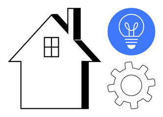 House outline next to light bulb and gear symbolizing home automation, innovation, and technology. Ideal for smart home, IoT, automation, energy efficiency, design, technology simple landing page