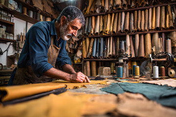 a male shoemaker is working with leather textiles