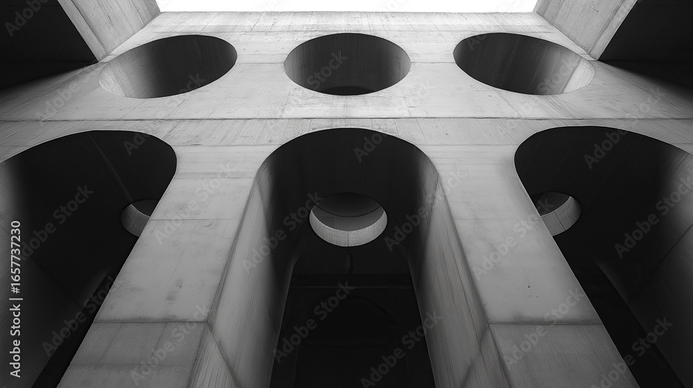 Aufkleber black and white photograph of architectural structure with large round holes in concrete walls featu