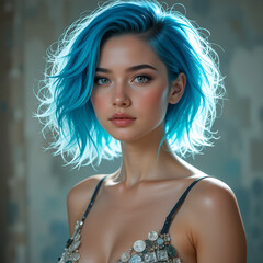 Un joven de tez clara con un sorprendente cabello azul radiante y una mirada cautivadora.