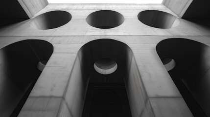Black and white photograph of architectural structure with large round holes in concrete walls featuring symmetrical composition and circular elements
