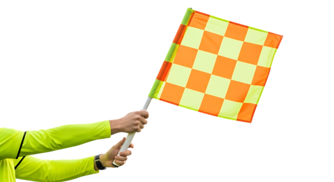 Soccer referee assistant holding offside flag isolated on transparent background, signaling a violation during a football match with a checkered flag