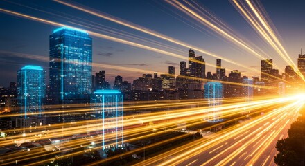 Modern cityscape at twilight, skyscrapers bathed in neon blue light, trails of light streak across frame, suggesting speed and connectivity