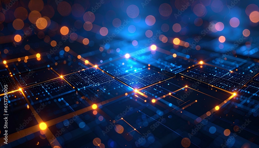 Poster abstract digital circuit board with glowing blue and orange data connections, representing technolog