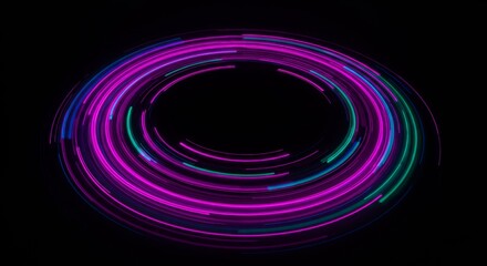 Neon-colored circular streaks spin, creating a vibrant abstract swirl against a dark background
