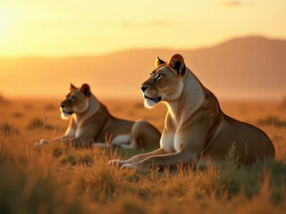 Lionnes majestueuses au coucher du soleil dans la savane africaine, symbole de force et sérénité