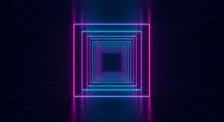 Neon squares fade into a dark abyss, reflecting on a glossy floor. The futuristic aesthetic creates an illusion
