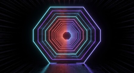 Neon-lit hexagonal tunnel, receding into darkness, vibrant color gradients, creating a futuristic, geometric design