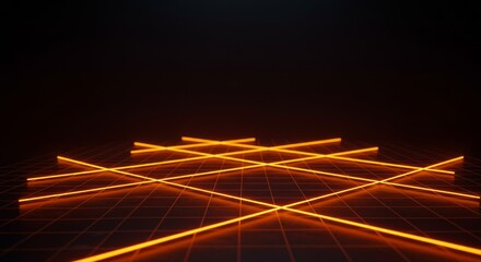 Orange glowing lines intersect on a dark, gridded surface, creating a futuristic and abstract composition