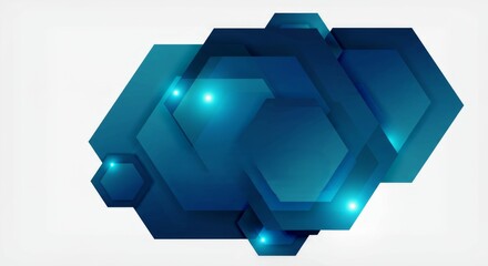 Overlapping blue hexagonal shapes with light accents float against a white background, abstracting a modern design