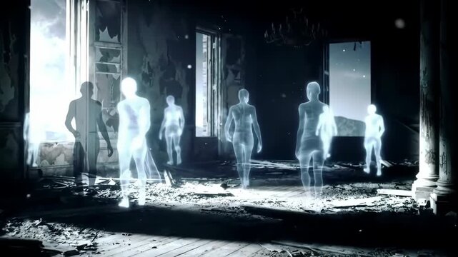 ghosts floating around an abandoned mansion with broken windows