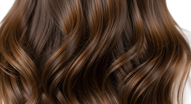 Closeup of beautiful, shiny, and healthy brunette hair with soft curls and highlights isolated on transparent background, showcasing a stylish and glamorous hairstyle