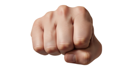 Closeup of a clenched fist, isolated on transparent background, symbolizing power, strength, and determination in a gesture of aggression or defense