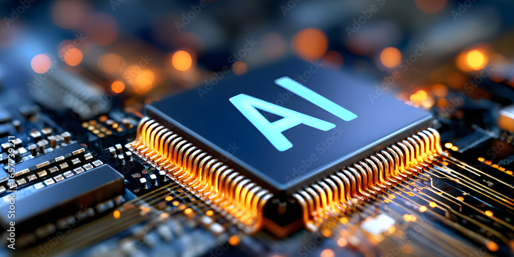 Poster ai chip on circuit board: close-up view of advanced technology integration