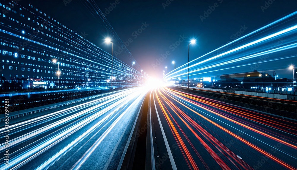 Poster dynamic night highway scene with vibrant light trails from moving vehicles and abstract digital data