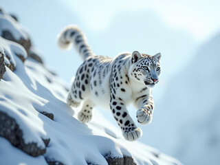 L&eacute;opard des neiges majestueux courant dans la montagne enneig&eacute;e f&eacute;lin sauvage rare en voie de disparition