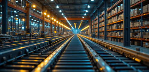 Railway tracks illuminating warehouse storage area industrial environment perspective view logistics concept