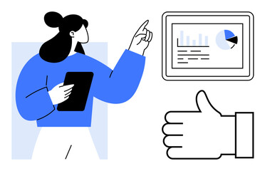 Woman holding tablet and pointing at statistics on a screen with graphs alongside a thumbs-up icon. Ideal for business, teamwork, presentation, analytics, technology, approval, simple landing page