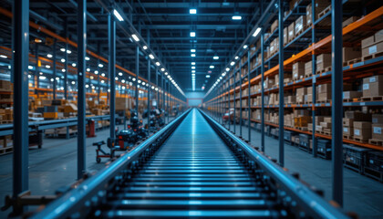 Fototapeta premium Automated conveyor system operation industrial warehouse video recording high-tech environment wide-angle view efficiency concept