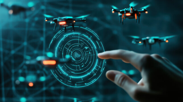A hand interacts with a digital interface controlling flying drones in a futuristic environment scene