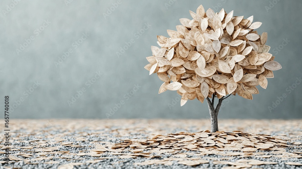 Poster artistic tree with leaves made of paper on textured background