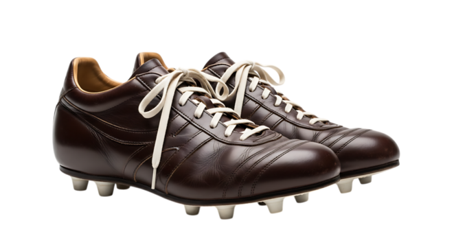Pair of brown leather soccer shoes isolated on transparent background, showcasing vintage style and classic design for athletic performance and competitive play