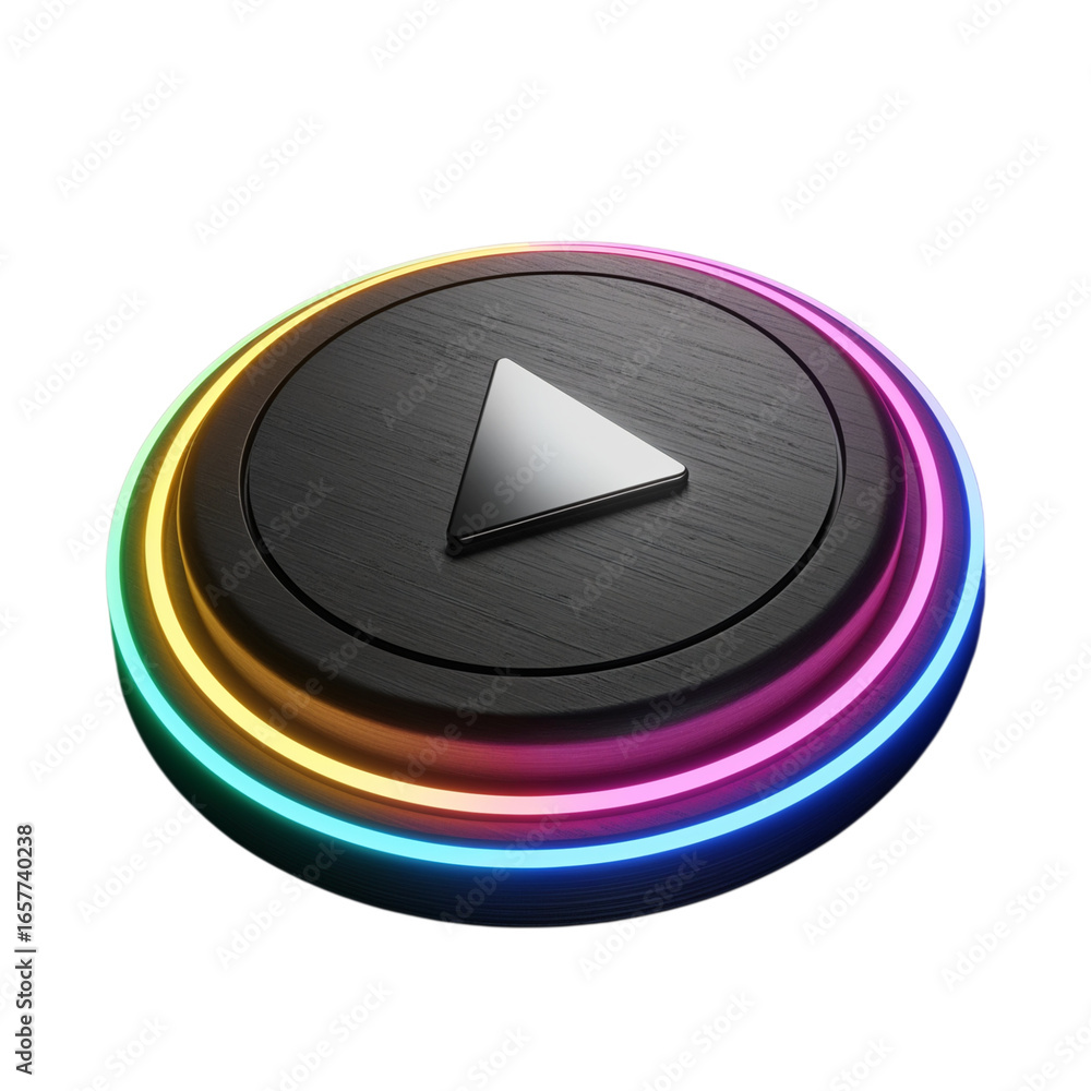 Aufkleber modern digital media player button with illuminated colorful neon ring isolated on transparent backg
