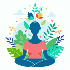 Illustration of a woman meditating in nature, promoting mindfulness, wellness, and mental health, ideal for health and lifestyle projects