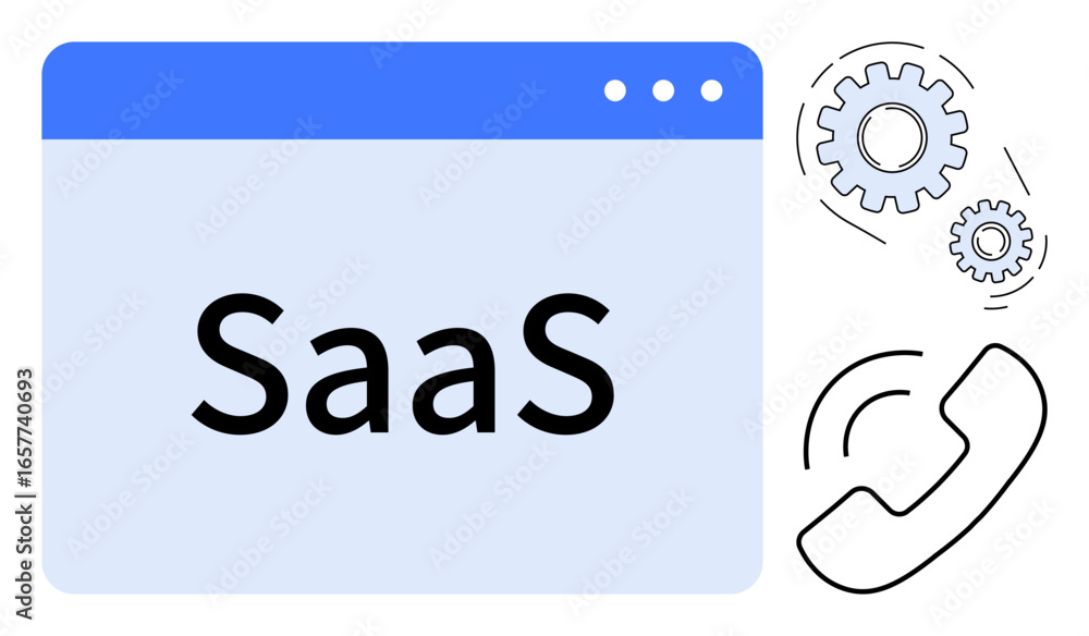 Aufkleber browser window with saas text, gears for software automation, and phone icon for customer communicat