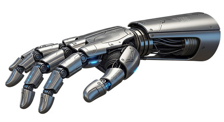 Detailed rendering of a futuristic robot hand and arm made of metal, isolated on transparent background, showcasing advanced technology and engineering