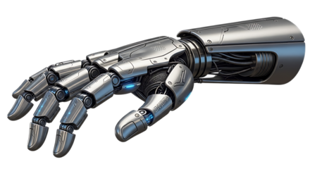Detailed rendering of a futuristic robot hand and arm made of metal, isolated on transparent background, showcasing advanced technology and engineering