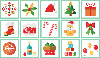 Christmas Holiday Icons and Symbols in a Grid Pattern on a White Background