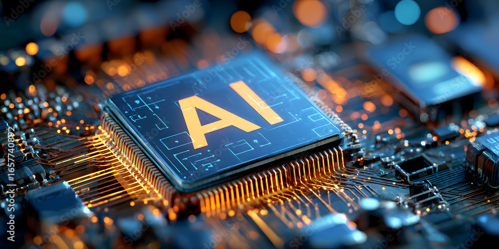 Poster ai chip on circuit board: close-up view of advanced technology integration
