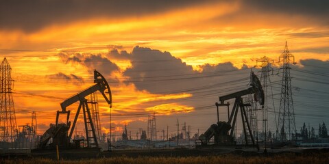 Oil pumps extracting crude oil at sunset with dramatic sky