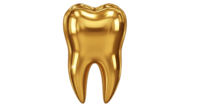 A gleaming golden tooth isolated on transparent background, a symbol of dental health, oral hygiene, and precious care, representing strength, durability, and the pursuit of excellence - Powered by Adobe
