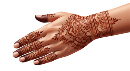 An elegant henna design on a hand isolated on transparent background, showcasing the beauty and tradition of indian body art for weddings, festivals, and cultural celebrations