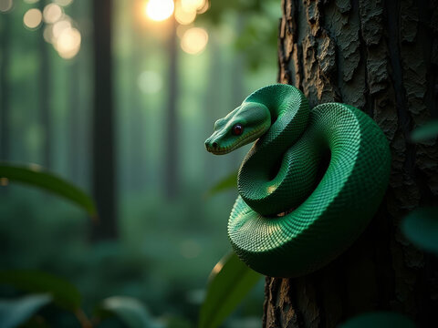 Serpent vert &eacute;meraude enroul&eacute; autour d&rsquo;un arbre, &eacute;clair&eacute; par la lumi&egrave;re douce de la for&ecirc;t