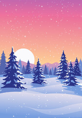 Serene winter wonderland illustration of a snowy pine forest with mountains and a vibrant sunrise or sunset sky.