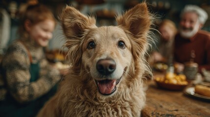 Family gathered around a playful puppy in the kitchen, capturing candid moments of laughter, care, and the happiness pets add to everyday family life indoors.