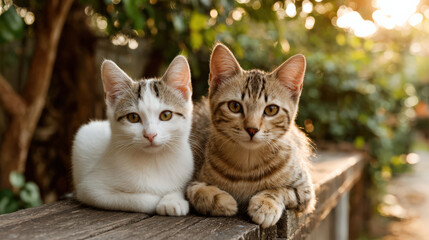 Fototapeta premium Two adorable cats, one white with brown spots and one tabby, relaxing together on wooden surface in sunlit garden, peaceful and content in warm afternoon light