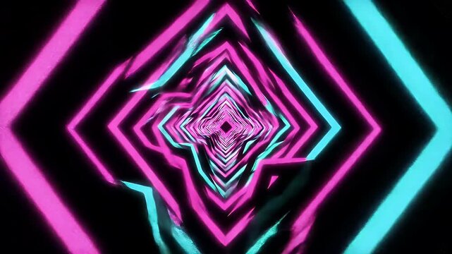 A vibrant abstract tunnel of glowing pink and blue diamond shapes receding into the distance, creating a mesmerizing optical illusion.