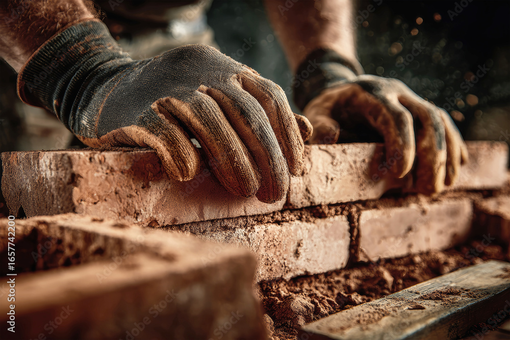 Aufkleber skilled worker constructs durable walls using red clay bricks at a bustling construction site in sof