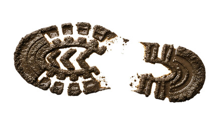 Muddy footprint of a boot isolated on transparent background, showcasing the intricate details and texture of the sole, perfect for themes of tracking, outdoor activities, or forensic science