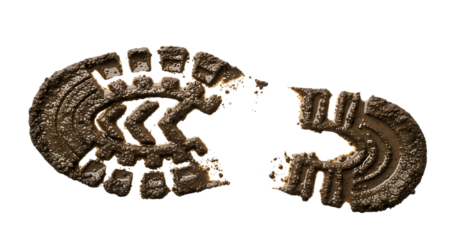 Muddy footprint of a boot isolated on transparent background, showcasing the intricate details and texture of the sole, perfect for themes of tracking, outdoor activities, or forensic science