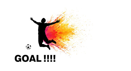 Naklejka premium A soccer player silhouette jumping in celebration of a goal with an explosion of color, isolated on transparent background, representing victory, success, and achievement in sport