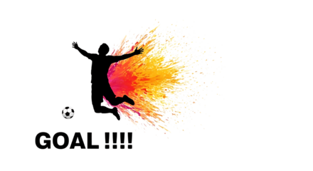 A soccer player silhouette jumping in celebration of a goal with an explosion of color, isolated on transparent background, representing victory, success, and achievement in sport