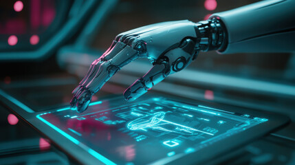 A robotic hand touching a glowing blue screen with abstract designs in a futuristic environment