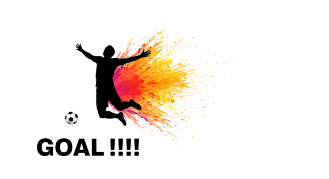 A soccer player silhouette jumping in celebration of a goal with an explosion of color, isolated on transparent background, representing victory, success, and achievement in sport