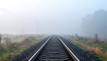 Fototapeta premium Empty railway track stretching into morning fog, minimal composition