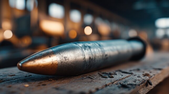 A metallic projectile rests on a weathered wooden surface, showcasing aged details and a focused perspective.